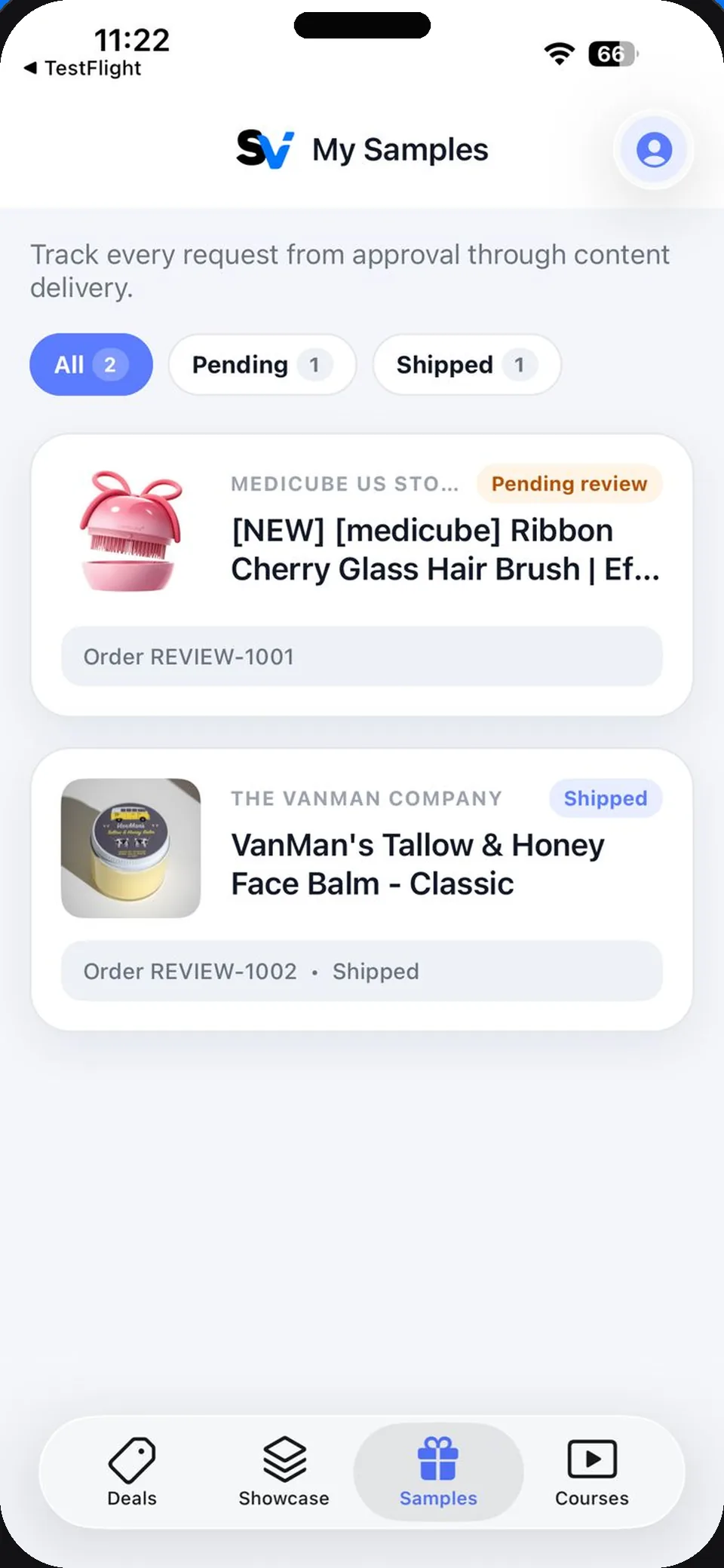 Stay Viral app My Samples screen