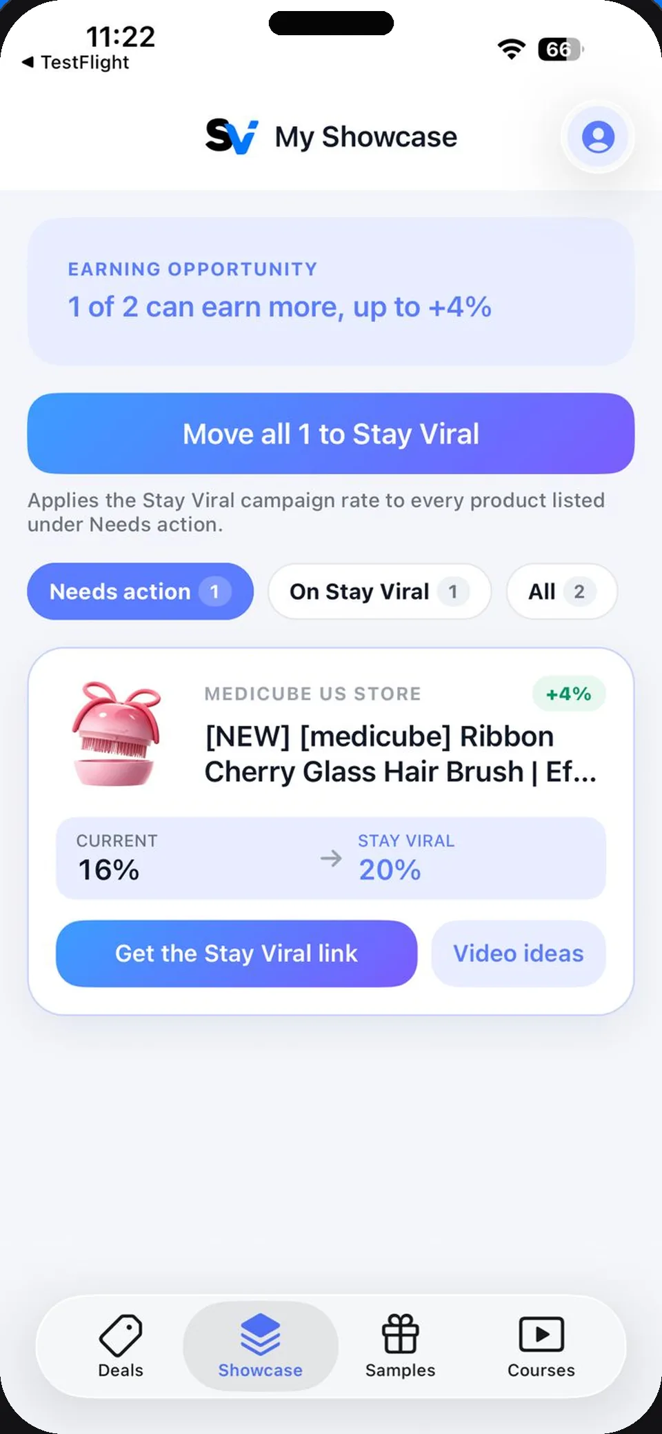 Stay Viral app My Showcase screen