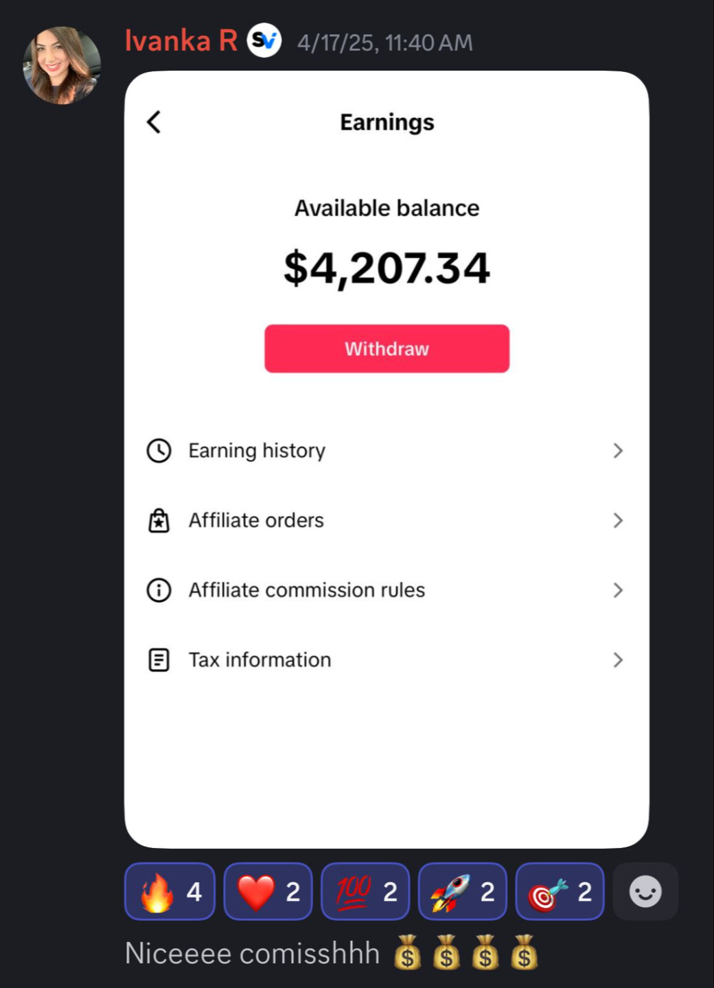 Creator earnings screenshot
